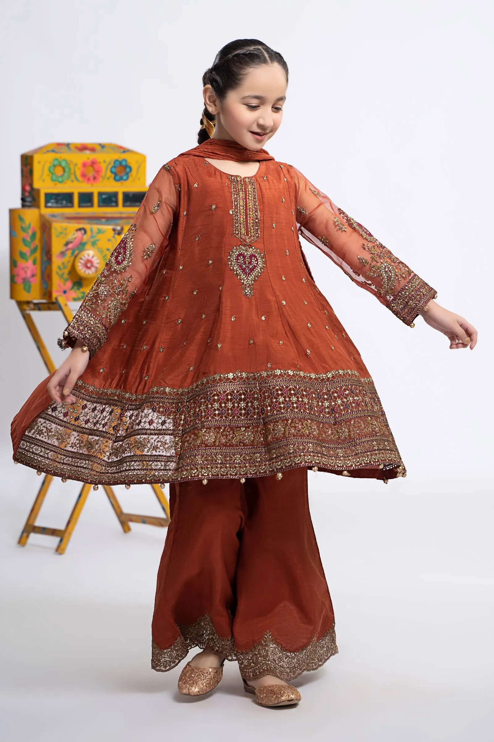 3 Piece Embroidered Raw Silk Suit | MKS-EF24-46