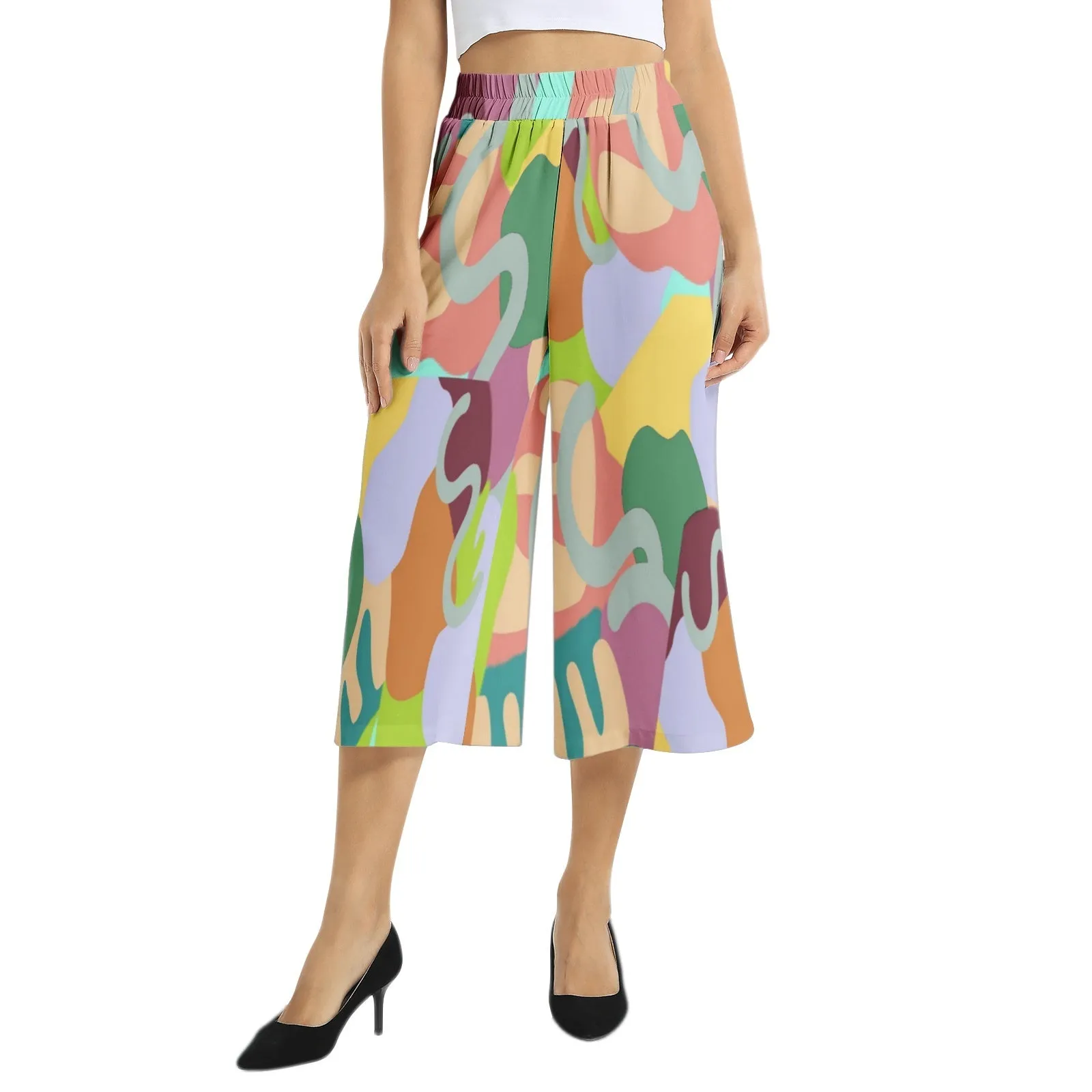 Abstract Wild Elastic Waist Capris Wide Leg Pant