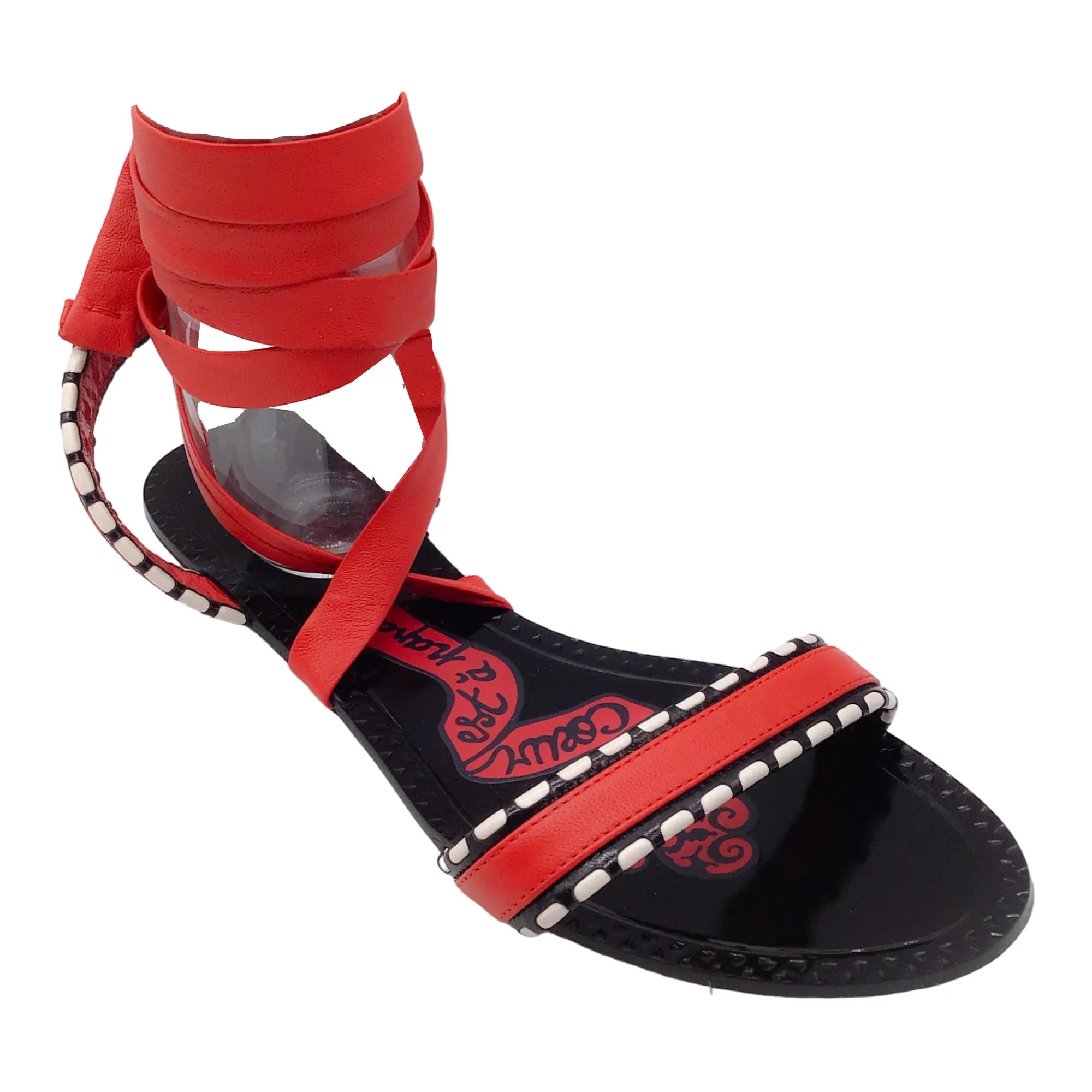 Alaia Red / Black Mon Coeur Leather Ankle Wrap Flat Sandals