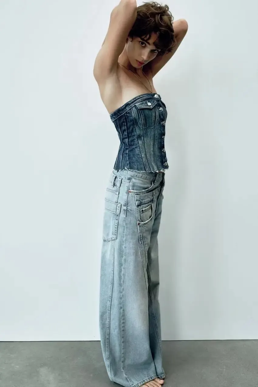 Amy Fashion - 2024 Female Fashion Patchwork Denim Pant High Waist Vintage Women Casual Street Slim Wide Leg Long Jean