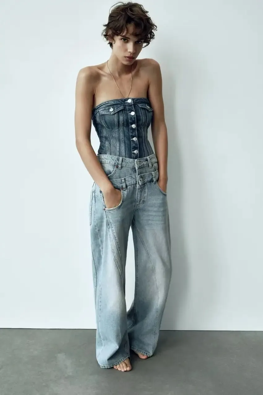 Amy Fashion - 2024 Female Fashion Patchwork Denim Pant High Waist Vintage Women Casual Street Slim Wide Leg Long Jean