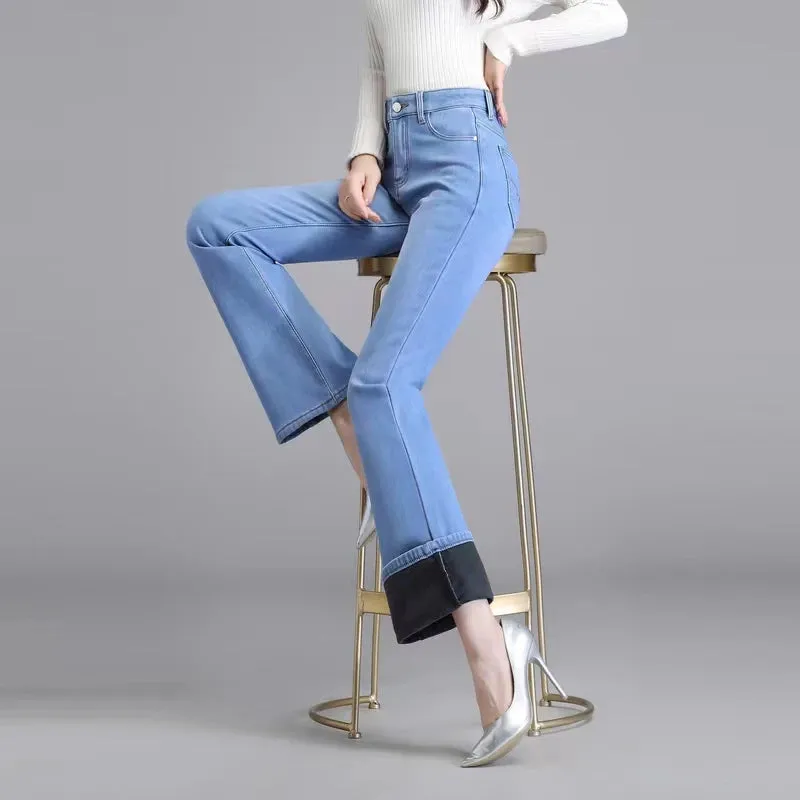 Amy Fashion - Elastic High Waist Woman Flare 2024 New Korean Fashion Clothing Pockets Slim Denim Solid Casual Flare Jean