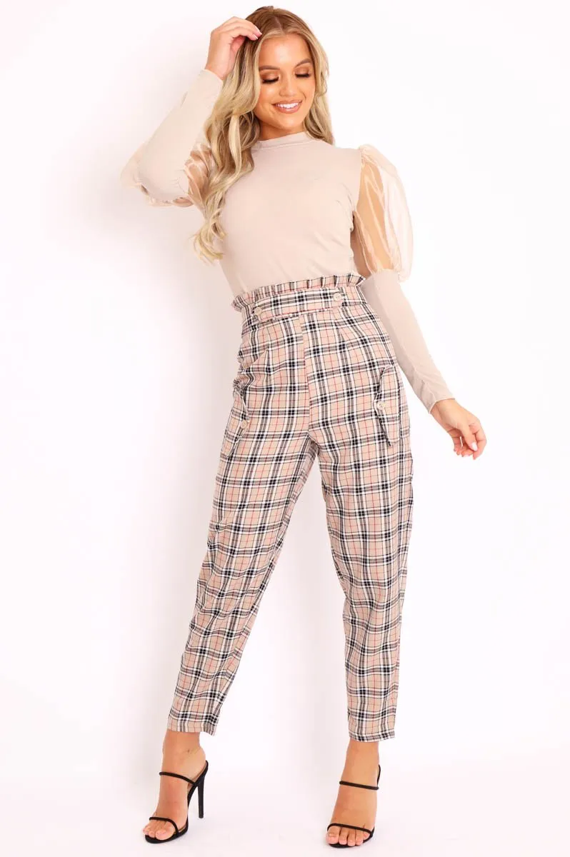 Beige Check Frill Detail Trousers - Bristal