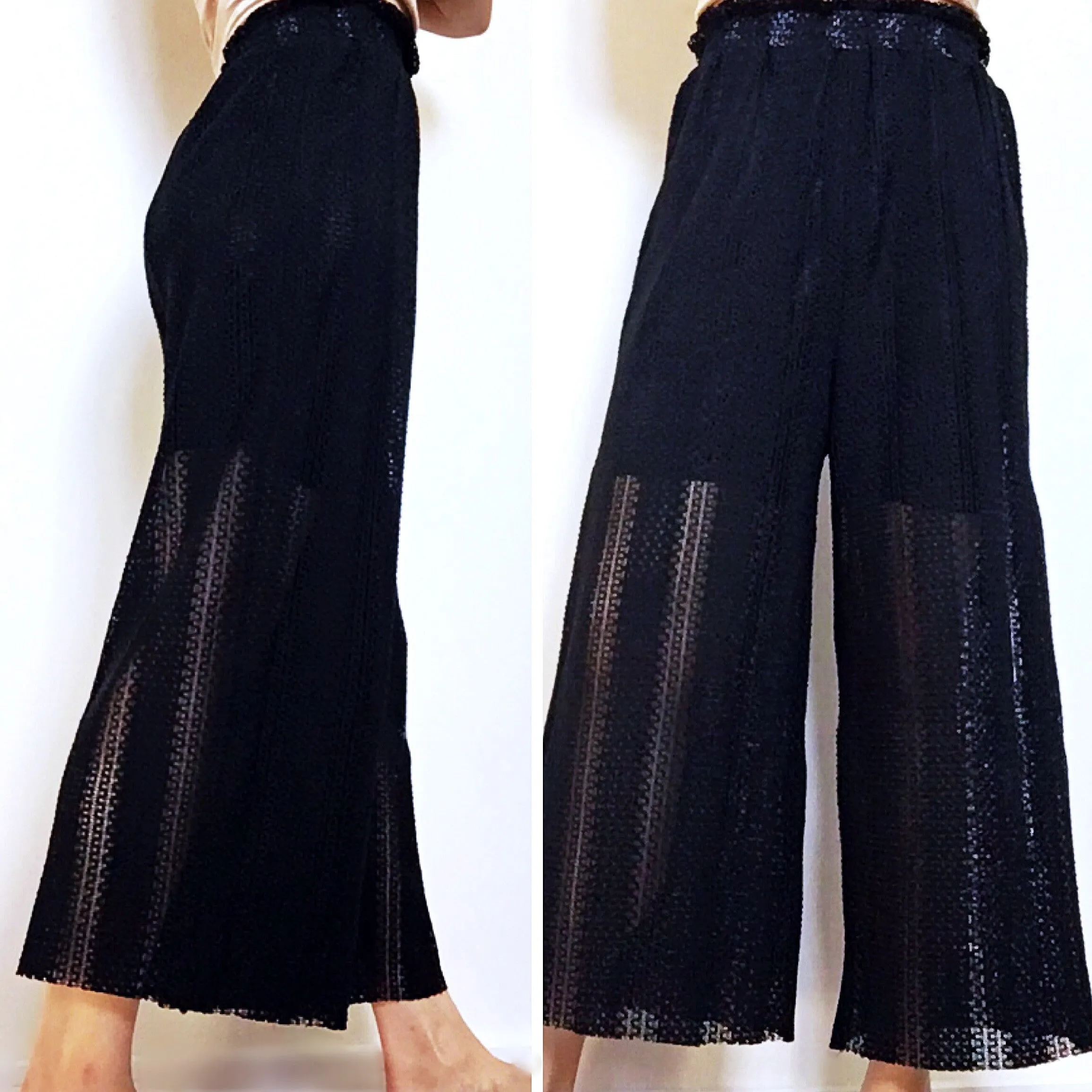 BLACK CROCHET STRIPE KNIT CULOTTES PANTS TROUSERS