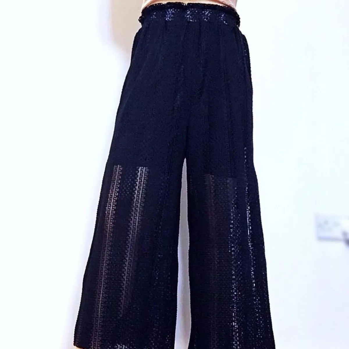 BLACK CROCHET STRIPE KNIT CULOTTES PANTS TROUSERS