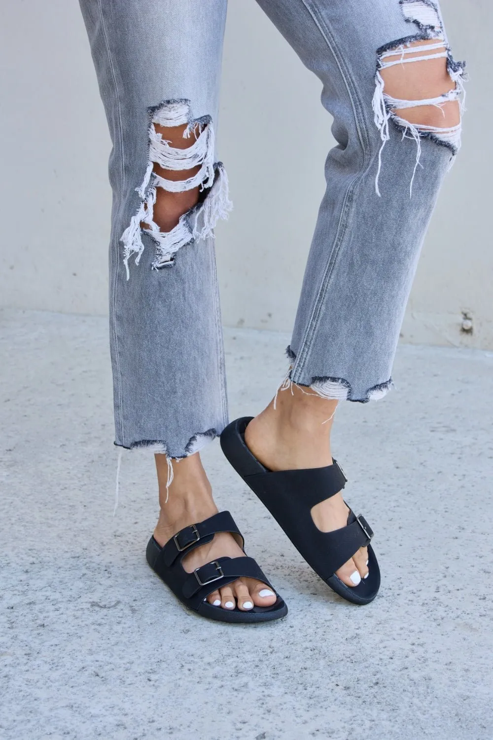 Black Double Buckle Open Toe Sandals