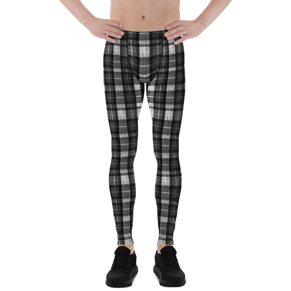 Black Tartan Plaid Meggings, Flexible Men's Running Leggings Run Tights- Made in USA/EU