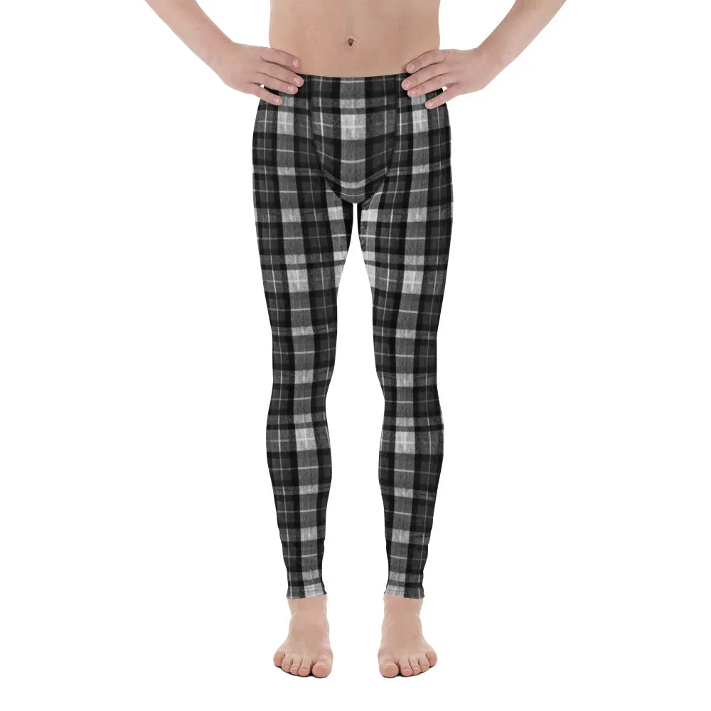 Black Tartan Plaid Meggings, Flexible Men's Running Leggings Run Tights- Made in USA/EU