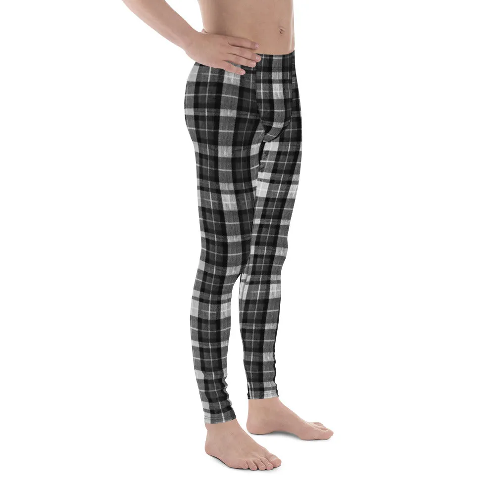 Black Tartan Plaid Meggings, Flexible Men's Running Leggings Run Tights- Made in USA/EU