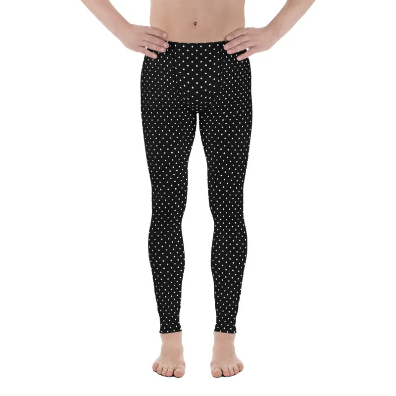 Black White Dots Men's Leggings, Cute Polka Dots Black Best Meggings-Made in USA/EU