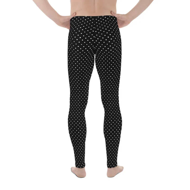 Black White Dots Men's Leggings, Cute Polka Dots Black Best Meggings-Made in USA/EU