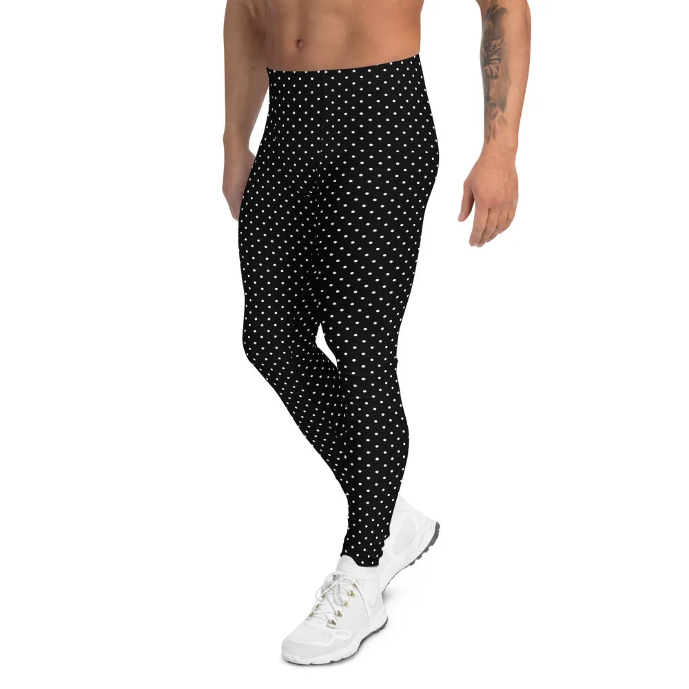 Black White Dots Men's Leggings, Cute Polka Dots Black Best Meggings-Made in USA/EU