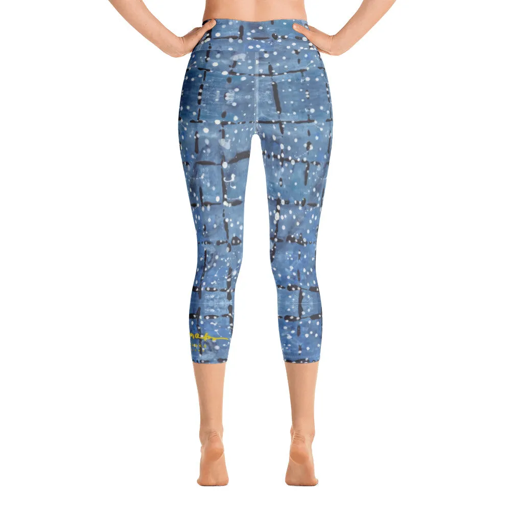 Blu&White Dotted Plaid Yoga Capri Leggings