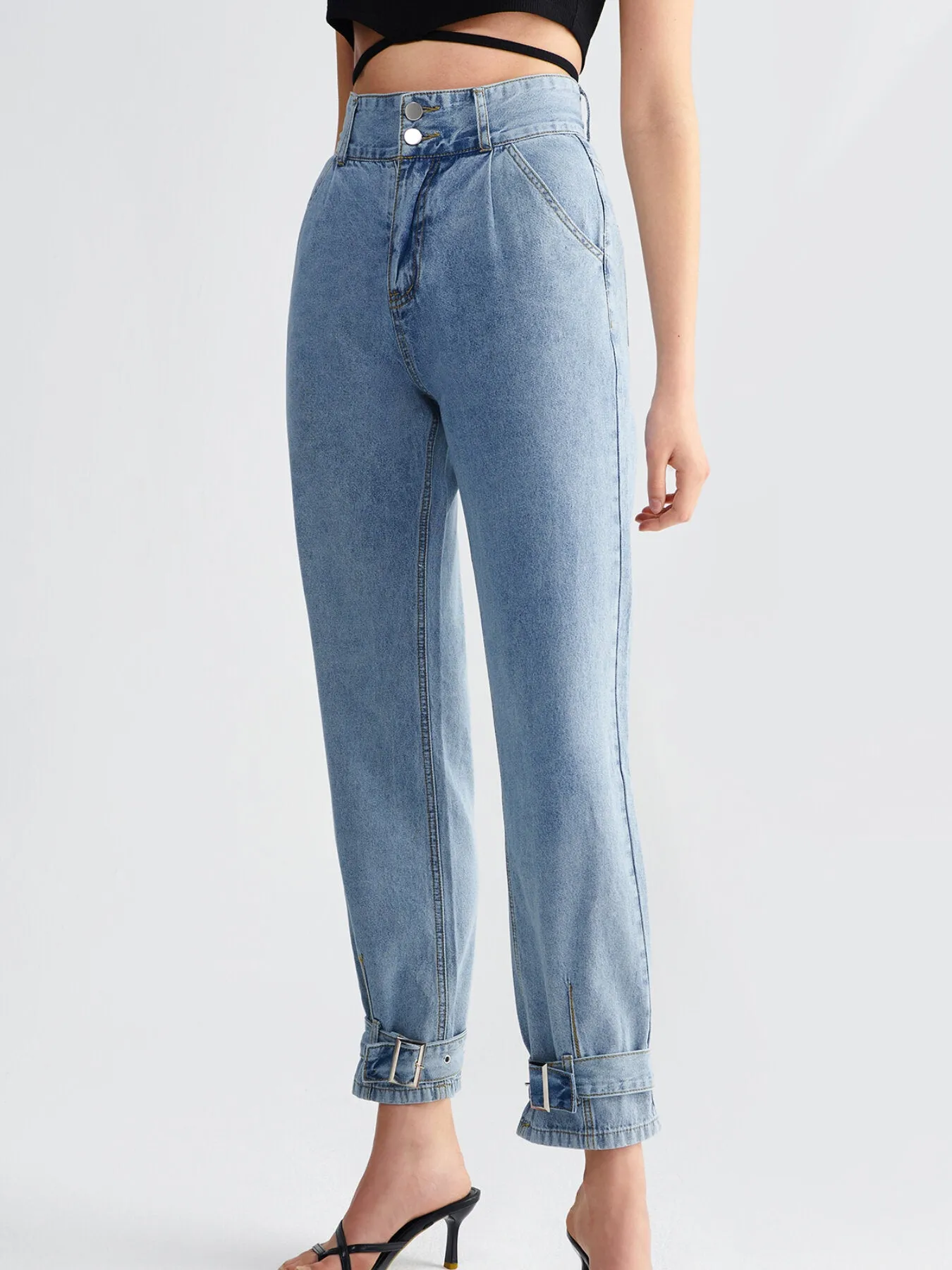 Button Belted Pocket High Waist Carrot Jeans