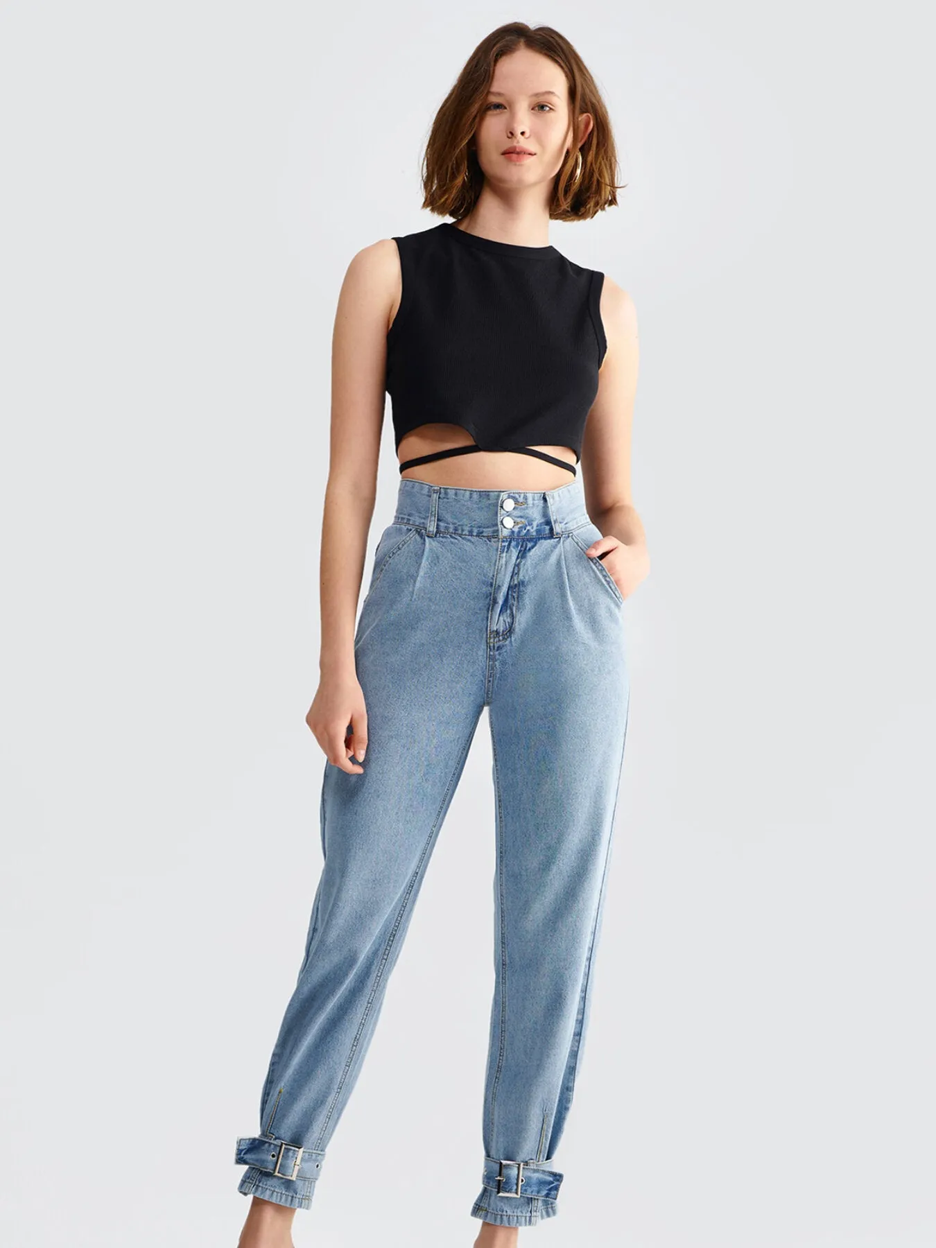 Button Belted Pocket High Waist Carrot Jeans