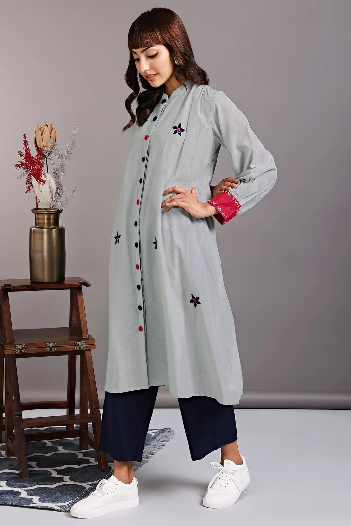 button down gather tunic - sea salt & parijat pink