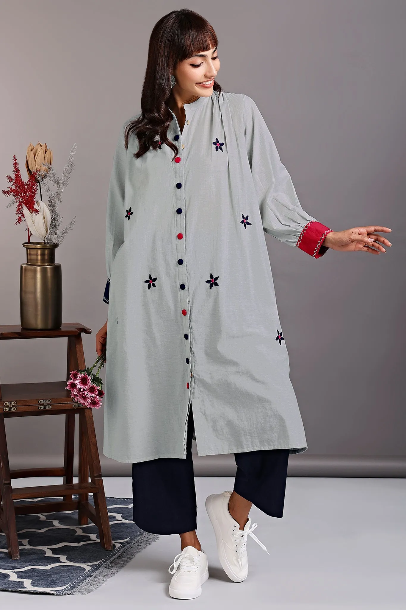 button down gather tunic - sea salt & parijat pink