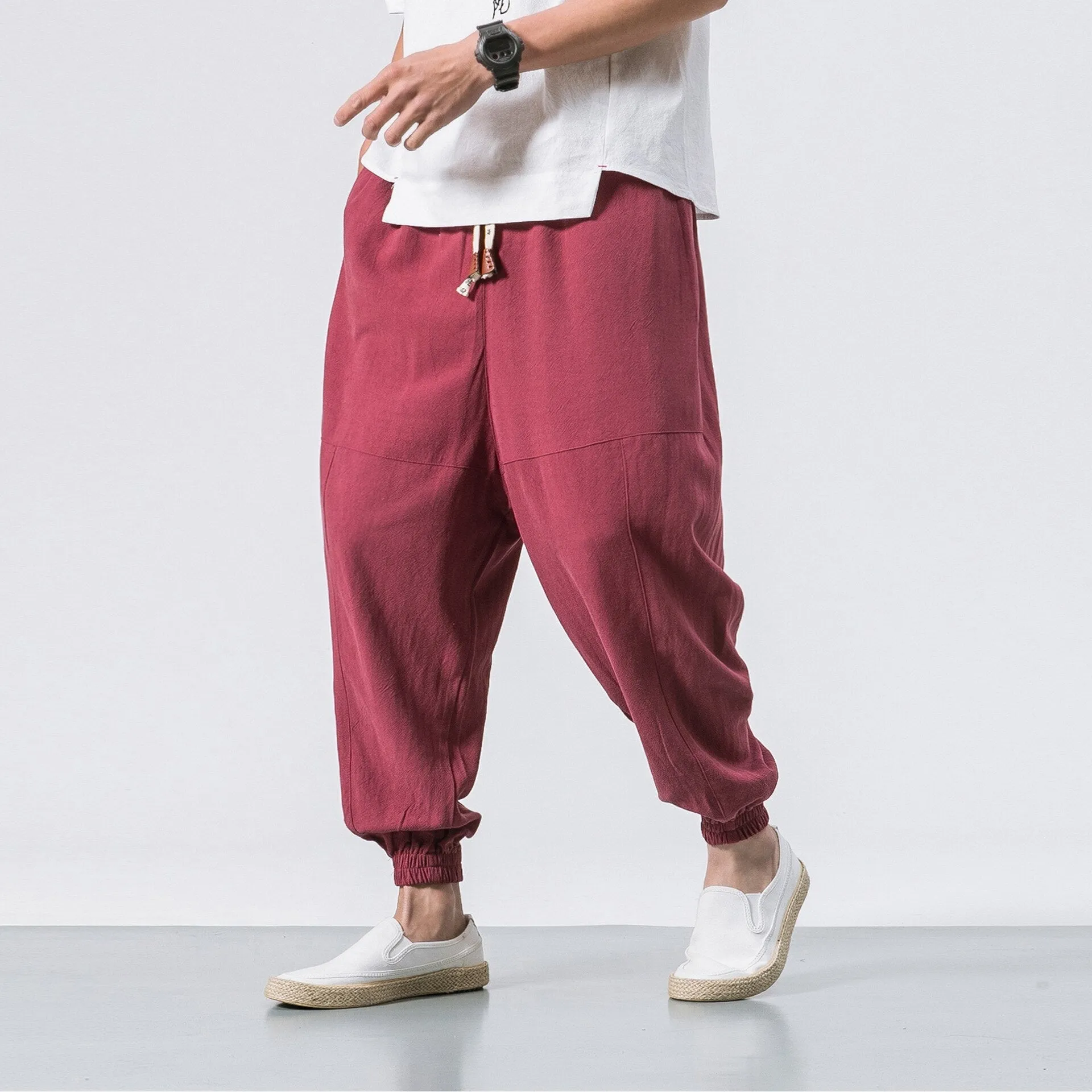 DEANWANGKT Mens Vintage Hip Hop Style Baggy Jeans New Chinese Style Harem Pants Men Streetwear Casual Joggers Mens Pants Cotton Linen Sweatpants Ankle-Length Men Trousers M-5XL