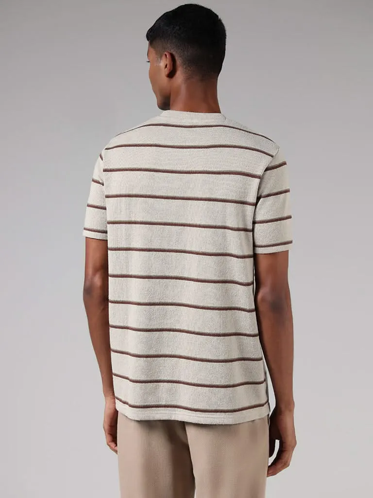 ETA Brown Striped Cotton Blend Relaxed Fit T-Shirt