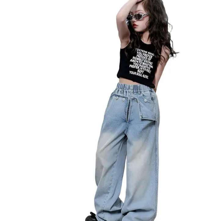 Flap Denim Wide Leg Denim Jeans