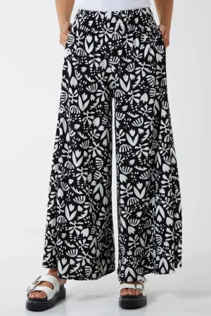 Floral Print Black And White Shirring Waist Stretchy Wide Leg Trousers