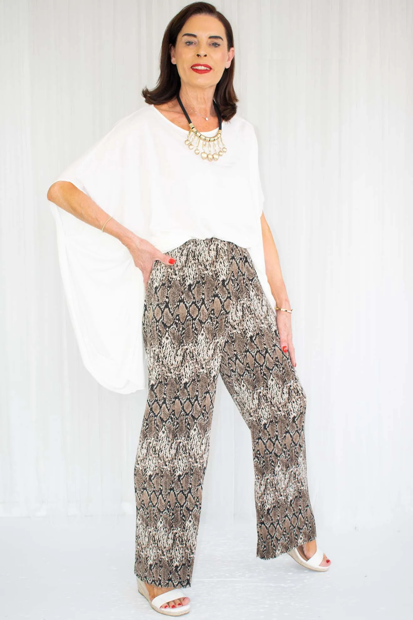 Hailey Wide Leg Pleated Trousers in Snake Print