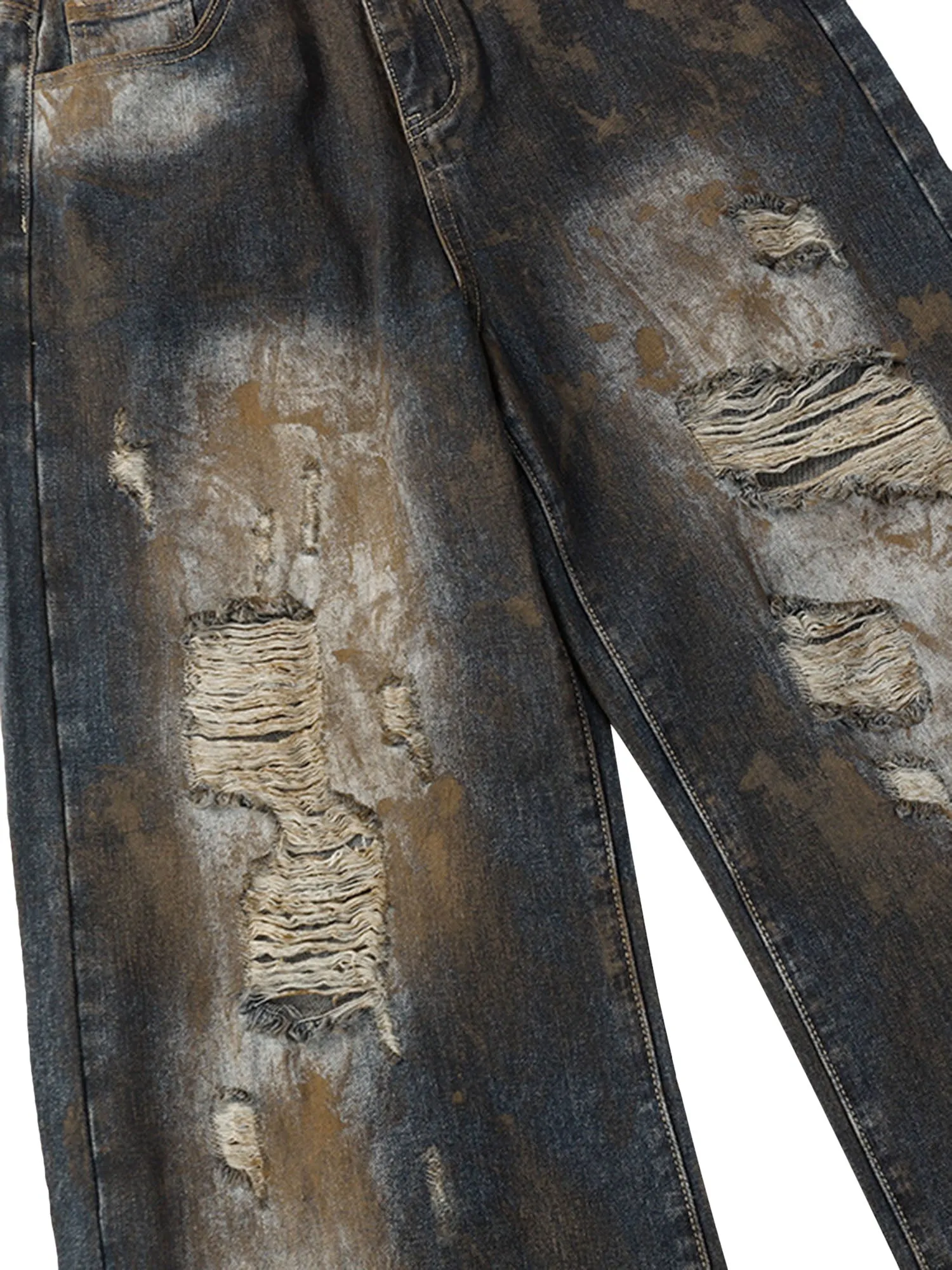 Heavy Duty Ripped Washed Straight Jeans