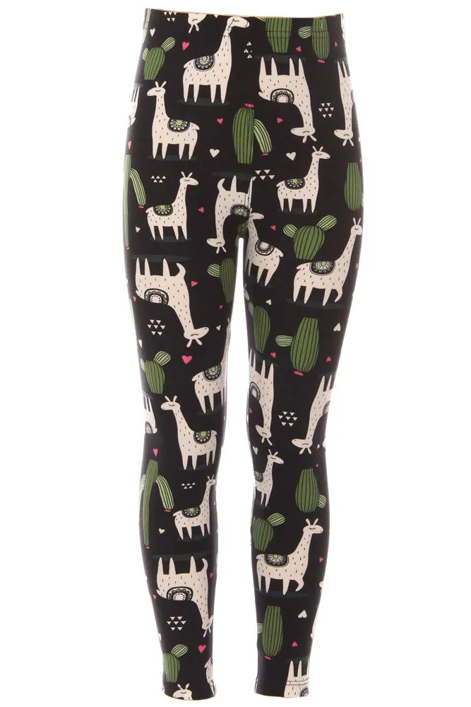 Kid's White Giraffe Green Cactus Pattern Printed Leggings