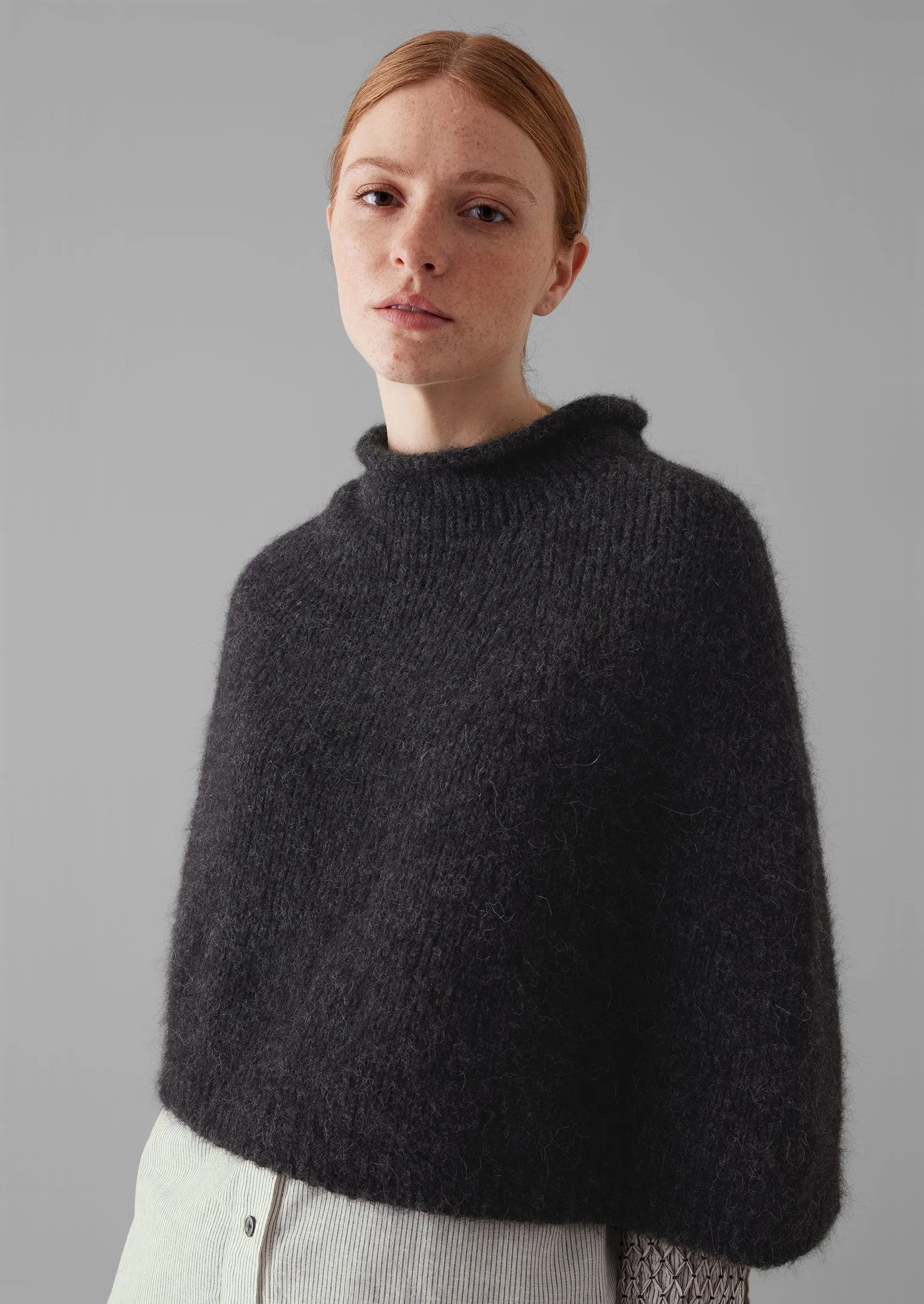 Lofty Alpaca Blend Knitted Poncho | Charcoal