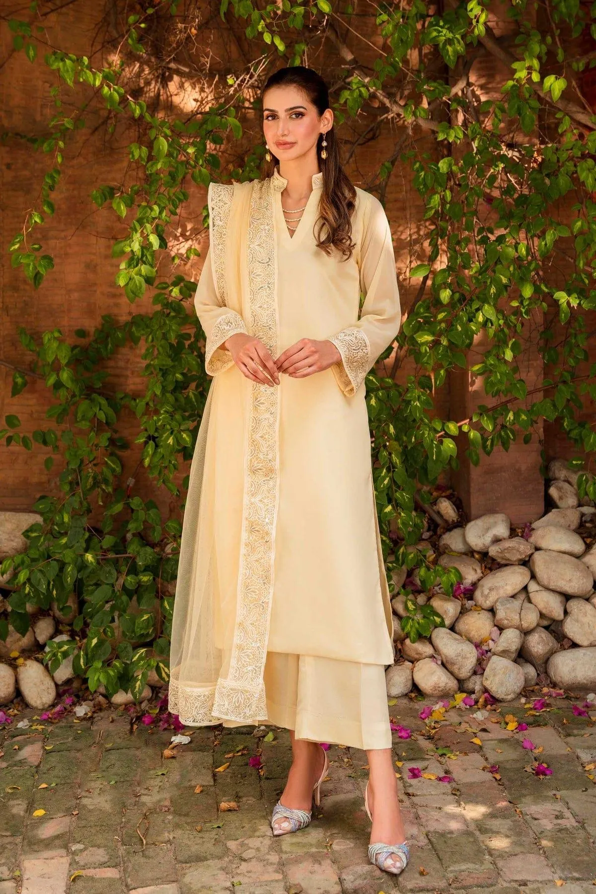 Natasha Kamal - Lemon Yellow Embroidered 3 Piece - Pearl