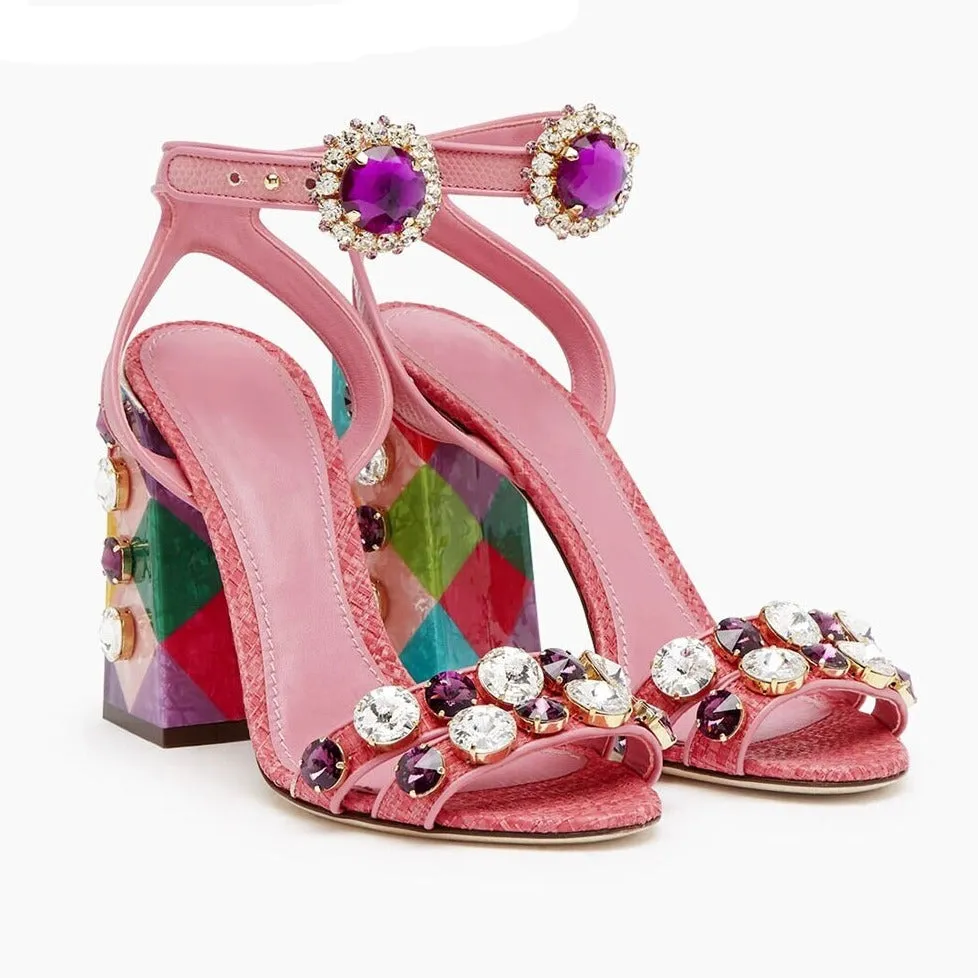 Pink Retro Rhinestones Sheepskin Sandals