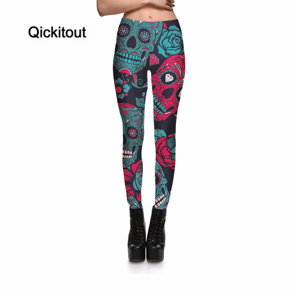 Qickitout Wholesale Slim Women's Black Pants New Digital Printing Green&red Skull Leggings Pants Elastic DropShipping