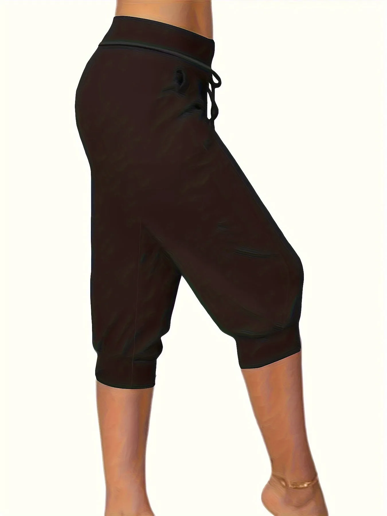 "Curve Confidence: Women's Plus Solid Capri Leggings with Elastic Drawstring for Active Comfort"