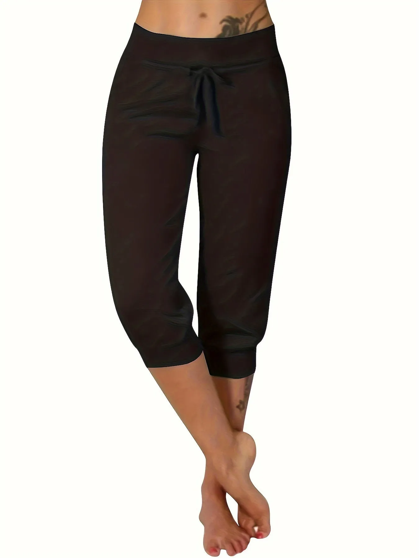 "Curve Confidence: Women's Plus Solid Capri Leggings with Elastic Drawstring for Active Comfort"