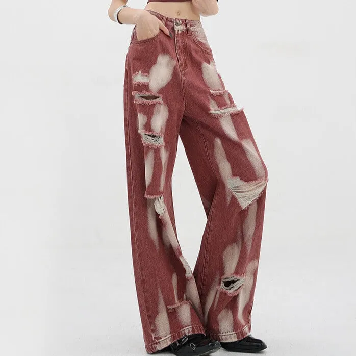 Raw Cuts Washed Paint Red Wide Grunge Jeans Pants