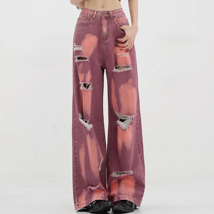 Raw Cuts Washed Paint Red Wide Grunge Jeans Pants