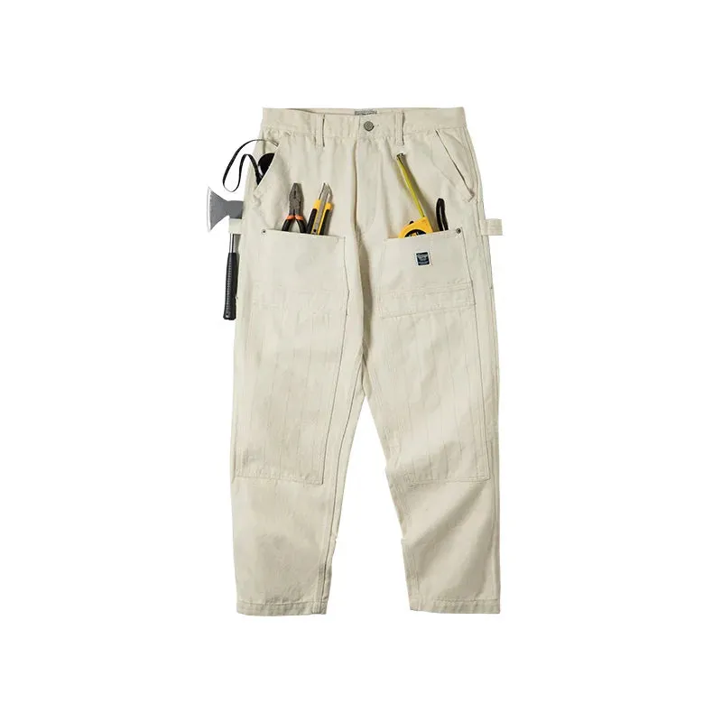 Retro Distressed Loose Off White Jeans with Multi Pocket Woodcutter Pants