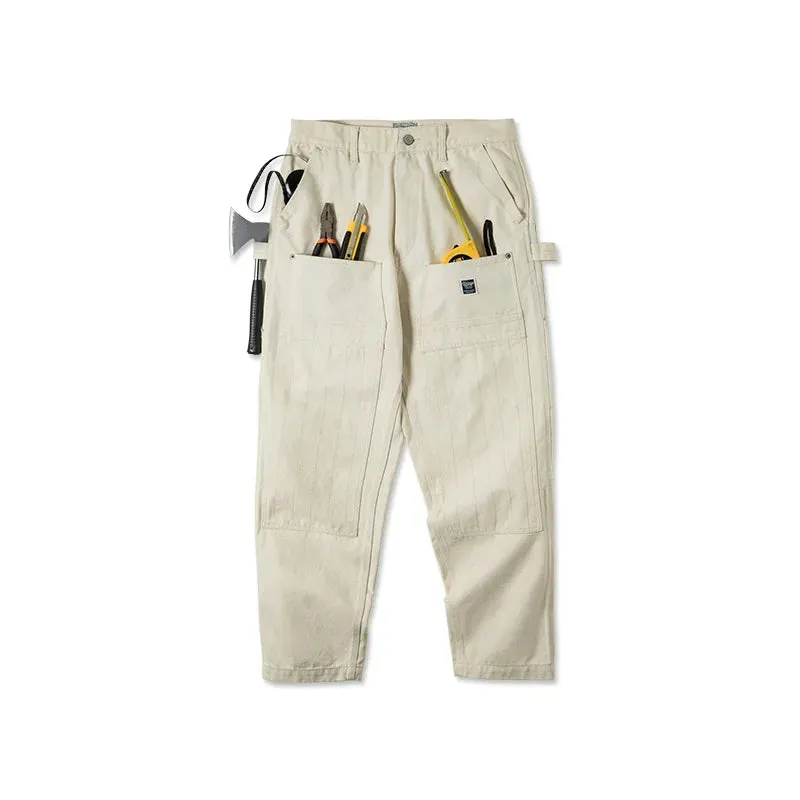 Retro Distressed Loose Off White Jeans with Multi Pocket Woodcutter Pants