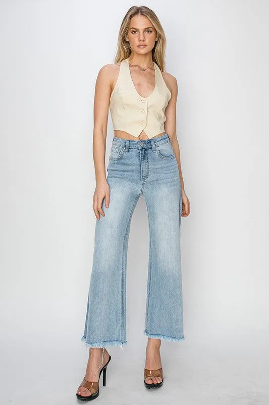 Risen Jeans High Rise Frayed Ankle Wide Jeans