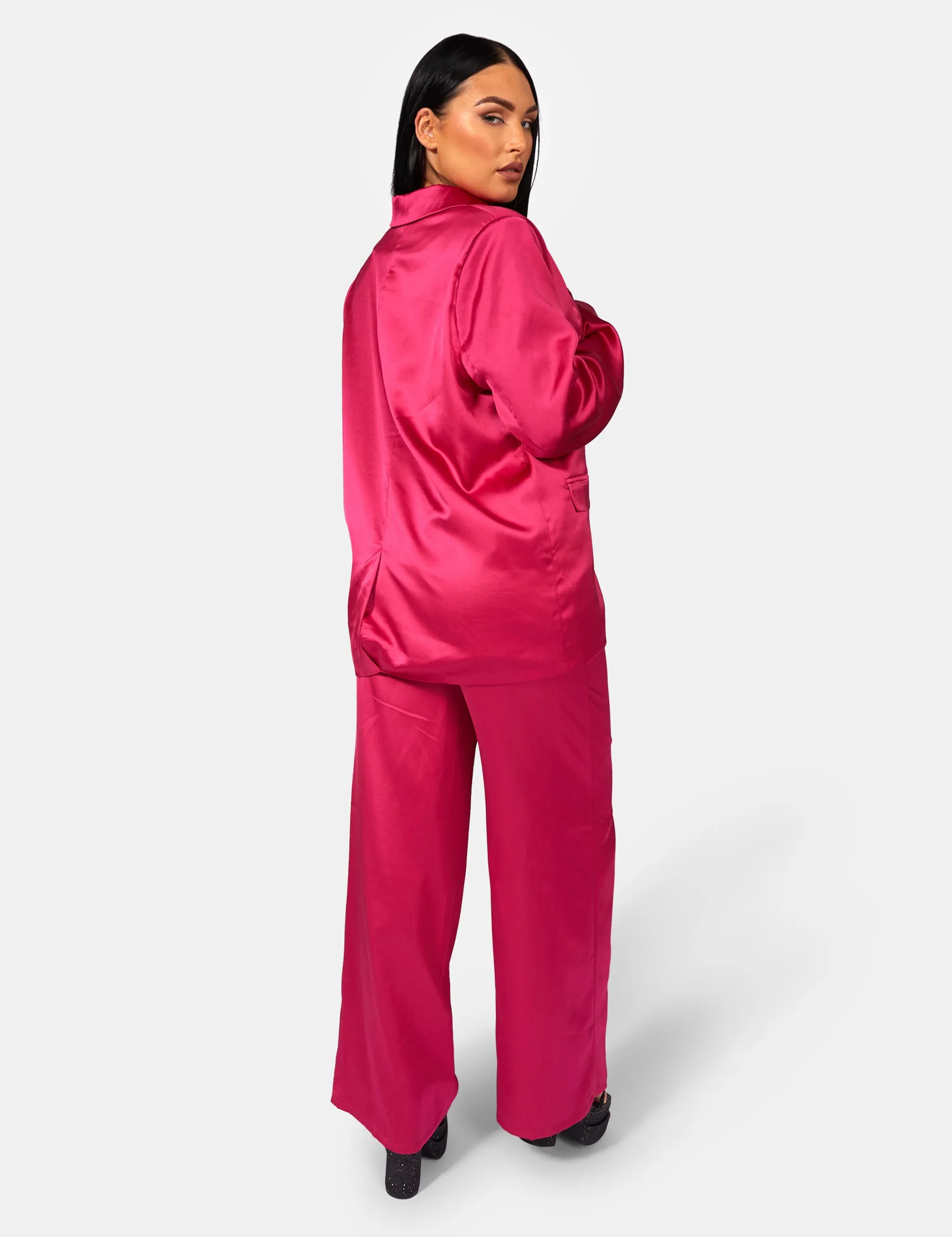 Satin Wide Leg Tailored Trousers Pink