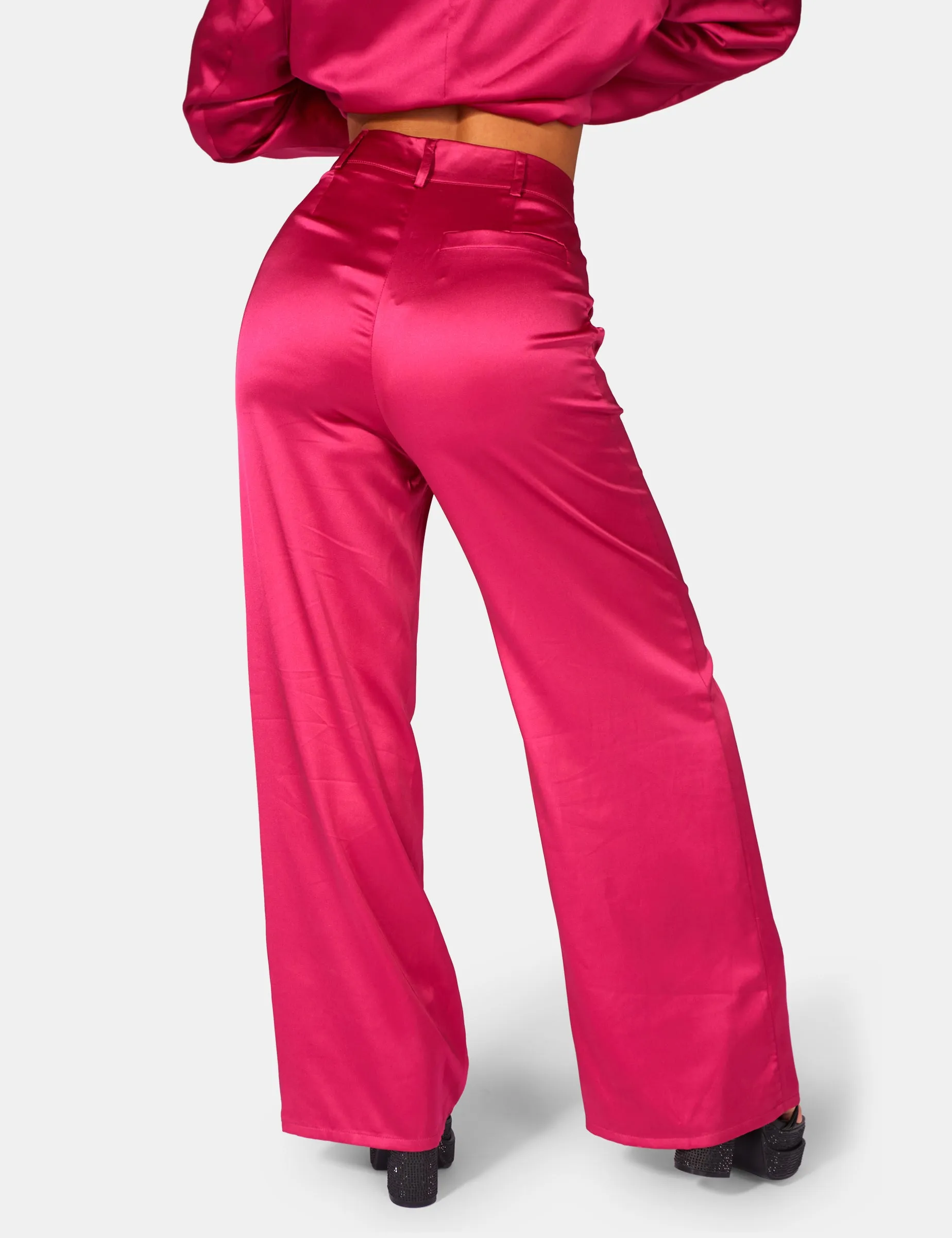 Satin Wide Leg Tailored Trousers Pink