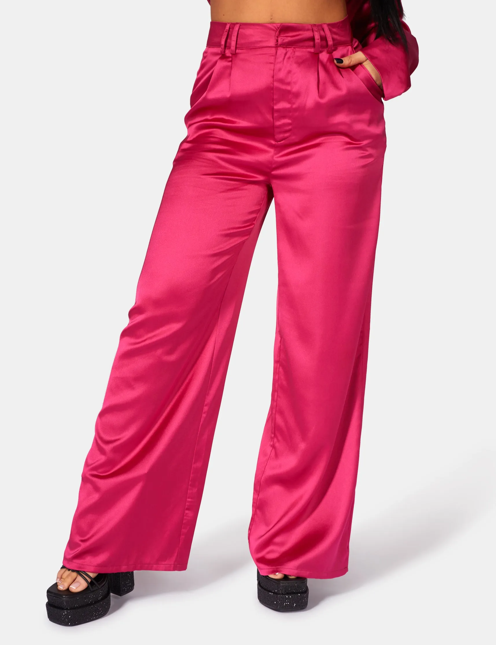 Satin Wide Leg Tailored Trousers Pink