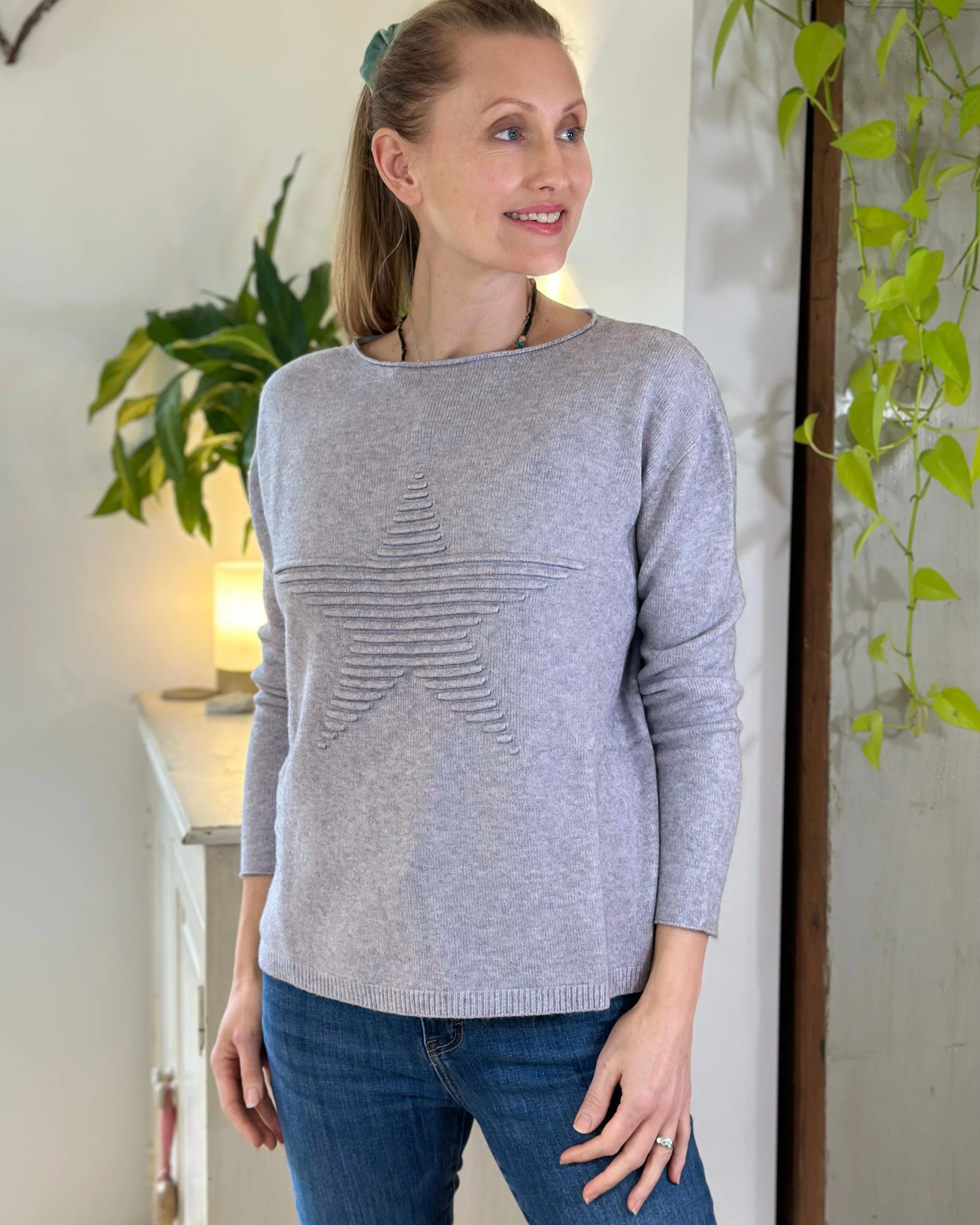 Soft Knit Appliqué with Star Jumper - Pale Grey