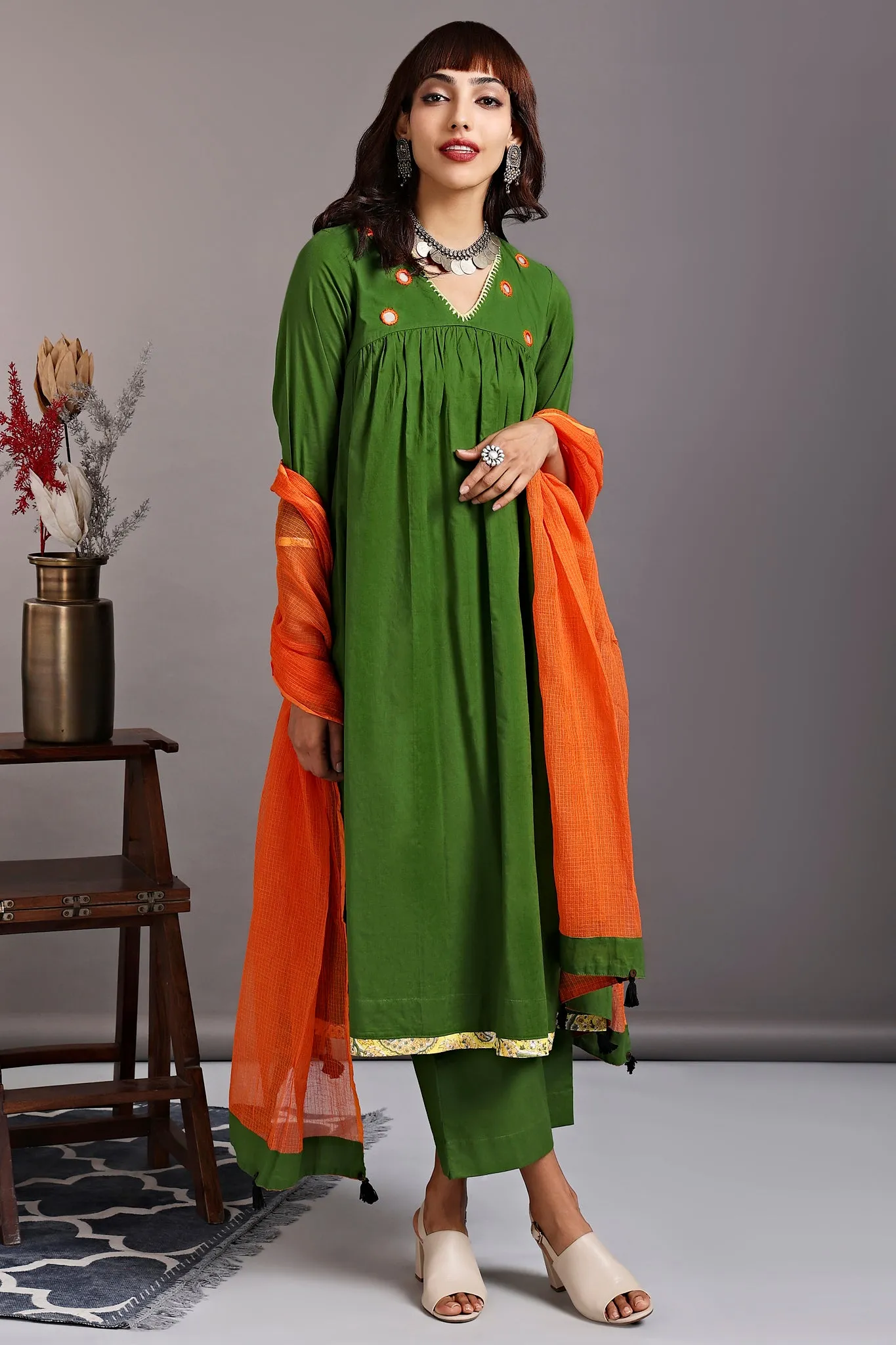 v-neck gather anarkali - basque green & orange sun