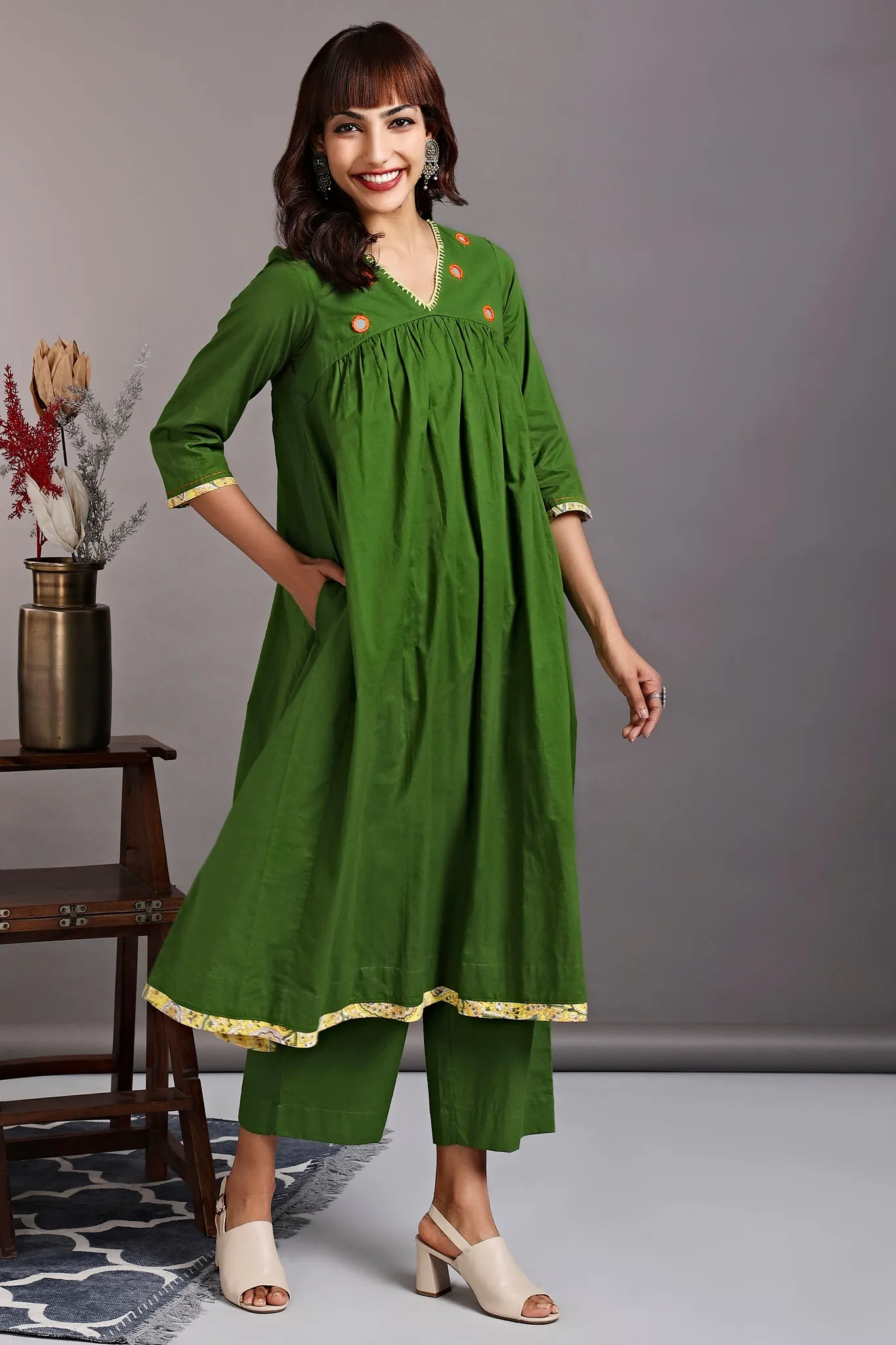 v-neck gather anarkali - basque green & orange sun