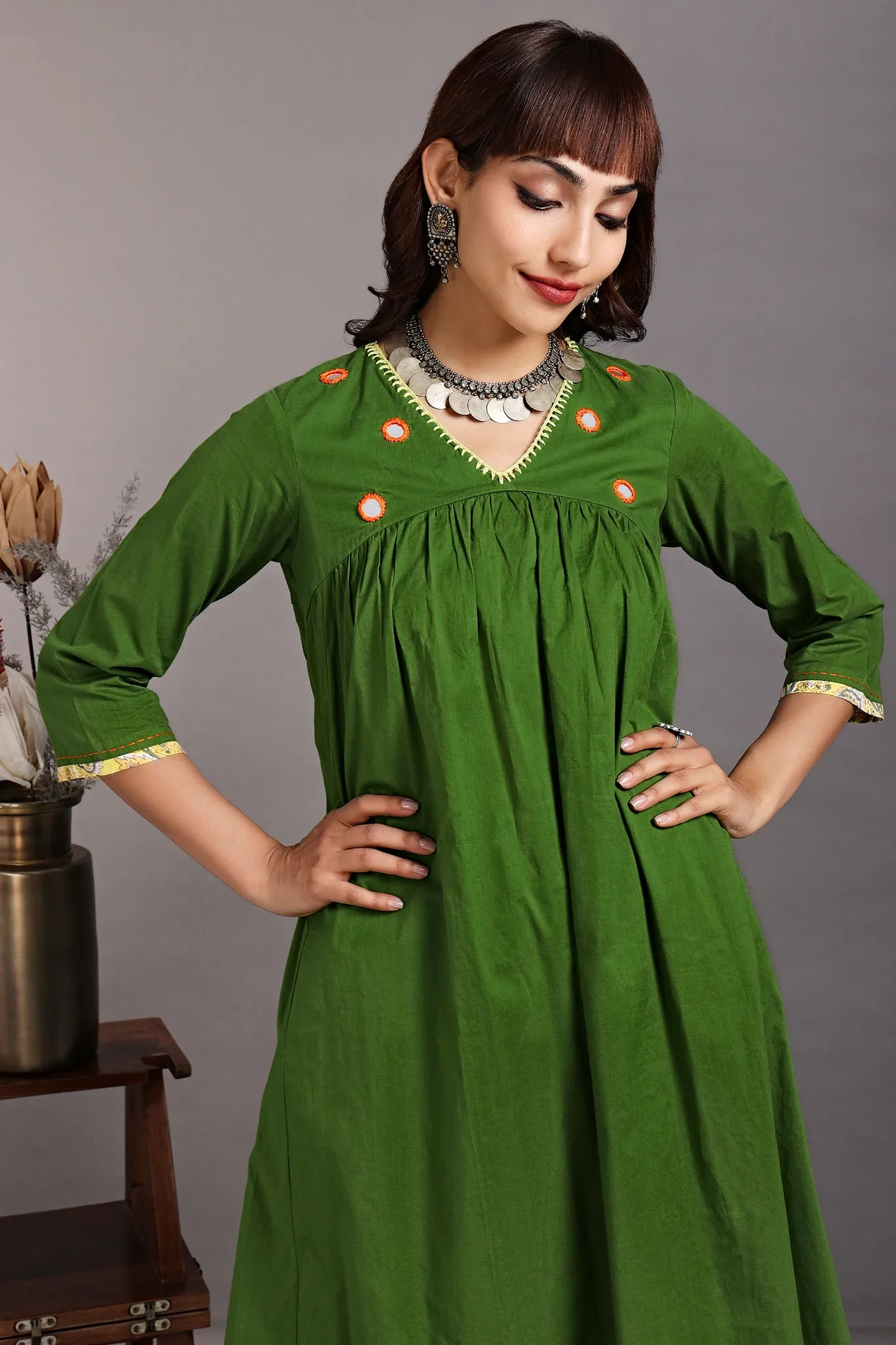 v-neck gather anarkali - basque green & orange sun