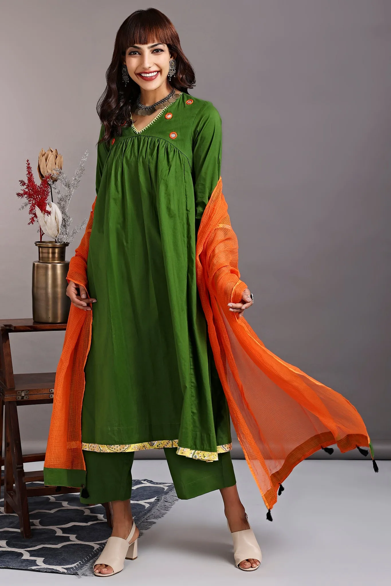 v-neck gather anarkali - basque green & orange sun