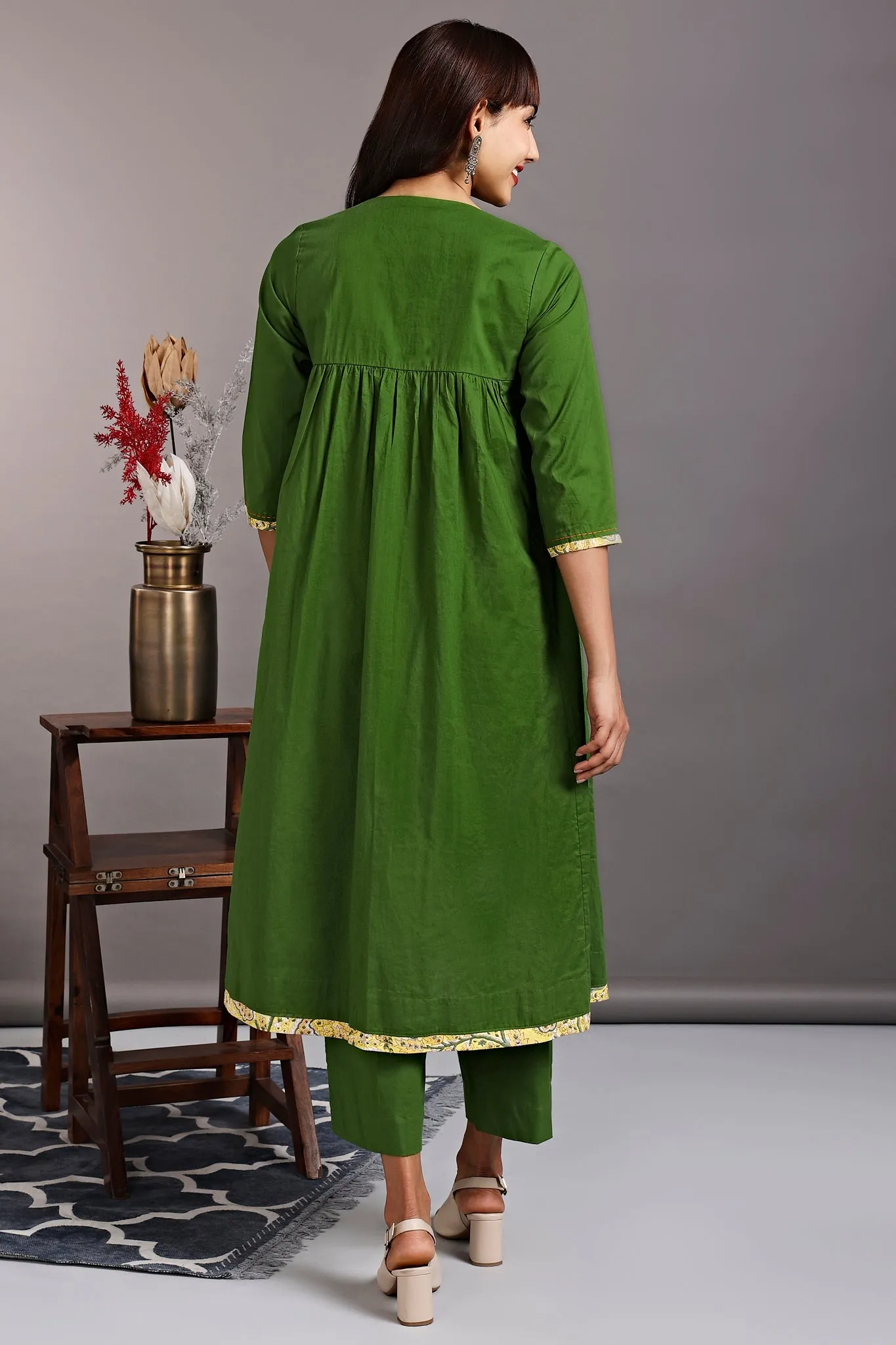 v-neck gather anarkali - basque green & orange sun