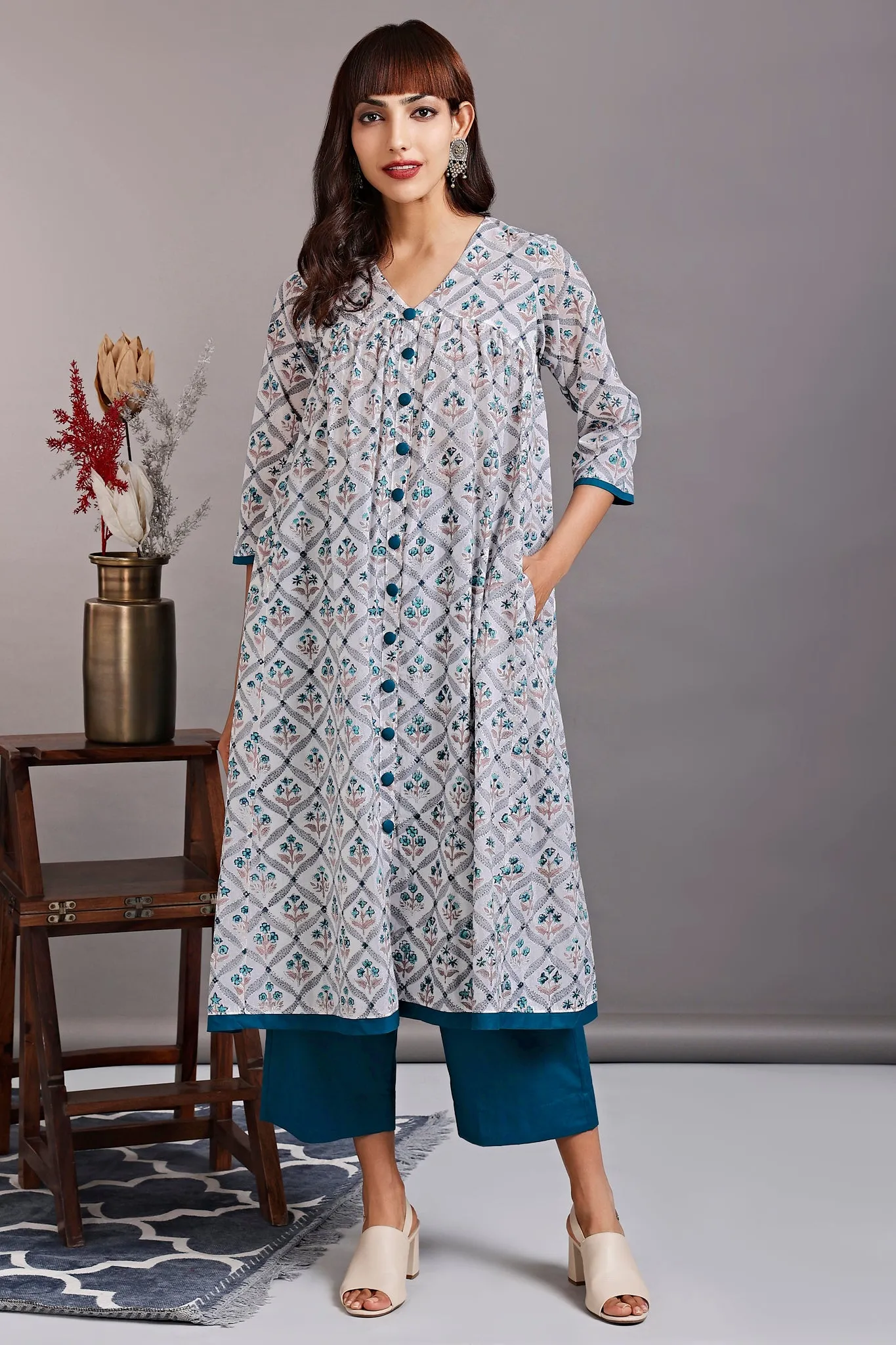 v-neck gather dress - rivulet teal & alluring mughal garden