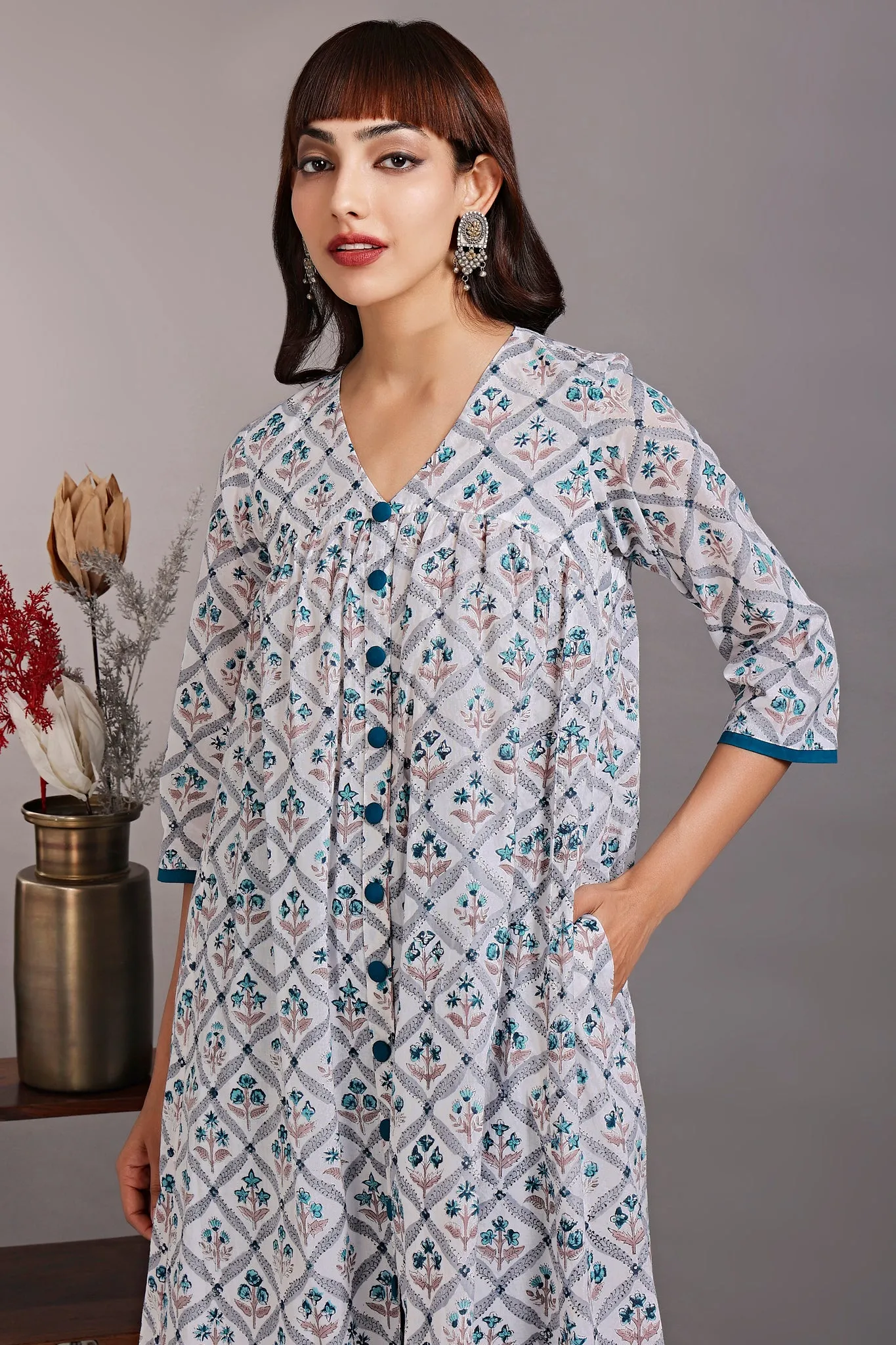 v-neck gather dress - rivulet teal & alluring mughal garden